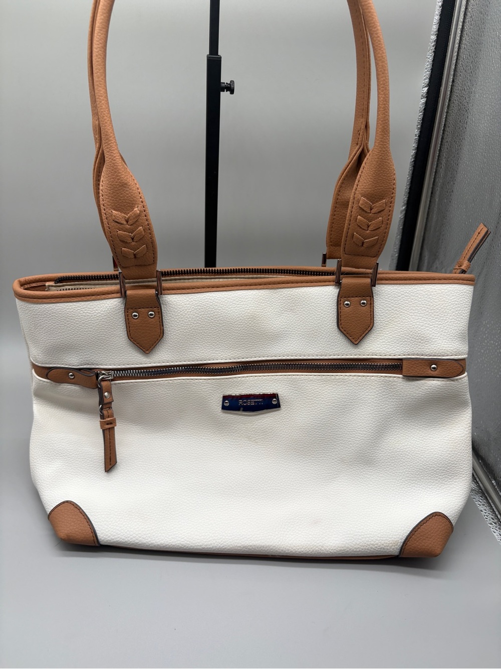 Rosetti White Tan Tote Shoulder Bag Faux Leather Zip Top Large Handbag Purse